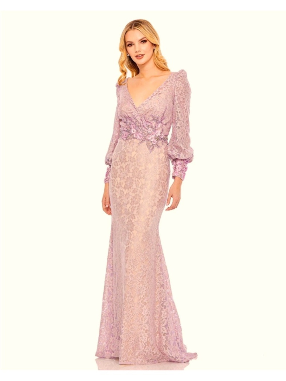 Mac Duggal Lilac Lace V-Neck Evening Gown